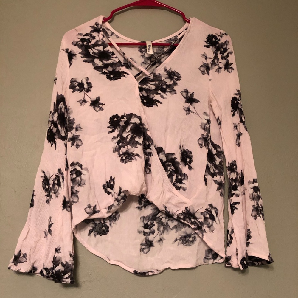 Floral Lace Up Long Sleeve Blouse - Crop